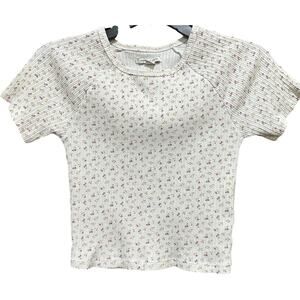 Y2K American Eagle Baby Tee S White Purple Yellow Floral Ribbed Short Sleeve